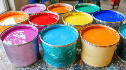 Bright colorful paint cans filled with vibrant liquid colors for modern paint manufacturing process in workshop setting