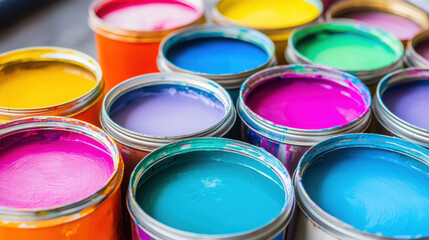 Fototapeta premium Open paint cans with bright colorful paint in blue, pink, purple, yellow, and green shades ready for creative projects and decoration