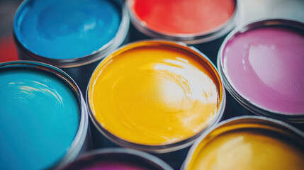 Bright colorful paint cans with smooth liquid surface in yellow, blue, red, and purple shades ready for creative projects and decoration