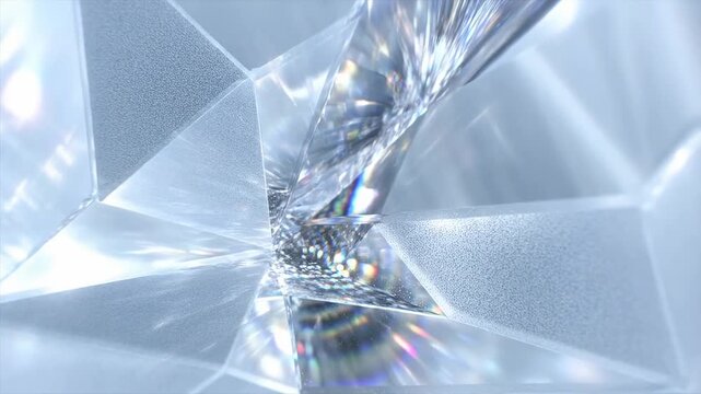 Closeup of light refraction in rotating crystal with shimmering prism effect