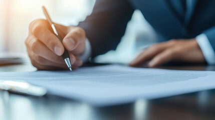Professional man reviewing documents at desk in claims office with pen, focused on paperwork and business task in bright environment
