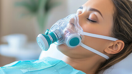 Young woman with oxygen mask resting in hospital bed, peaceful expression during medical treatment for respiratory support