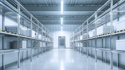 Industrial Cold Warehouse Interior with Metal Shelves, Storage Solutions, and Equipment