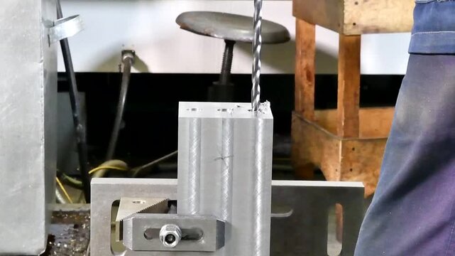 A drill bit drills metal. Drilling of iron parts, Industrial metalworking.