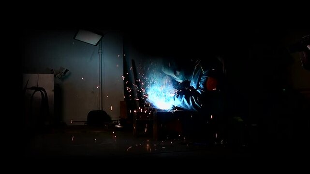 A welder at work. Welding of metal parts. A high-temperature process that involves joining two or more metal parts by fusing them.