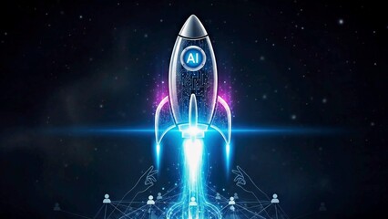 3d AI innovation icon, glowing rocket symbol, human interaction