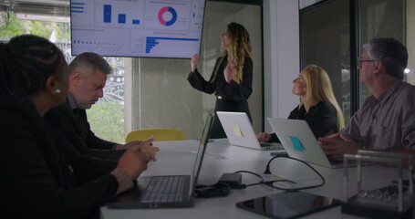 Young professional woman delivers data-driven presentation to diverse business team in modern office meeting room with charts displayed on wall screen