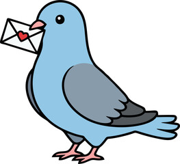 Obraz premium Adorable Cartoon Blue Pigeon Holding Love Letter Envelope with Heart Standing Side View for Romantic Greeting or Valentine Icon