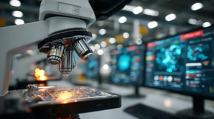 Microscope and computer screens with scientific data in lab laboratory science