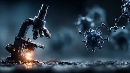 Microscope and virus particle in dark, atmospheric laboratory setting bacteria cell