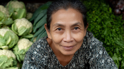 Southeast Asian woman selling fresh vegetables.