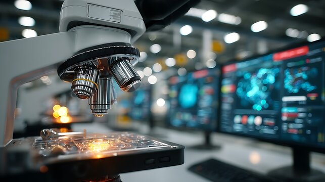 Microscope and computer screens with scientific data in lab laboratory science - Powered by Adobe