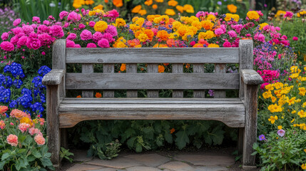 Rustic wooden park bench nestled amidst breathtaking explosion of vibrant pink, orange, yellow, and blue spring and summer garden flowers.