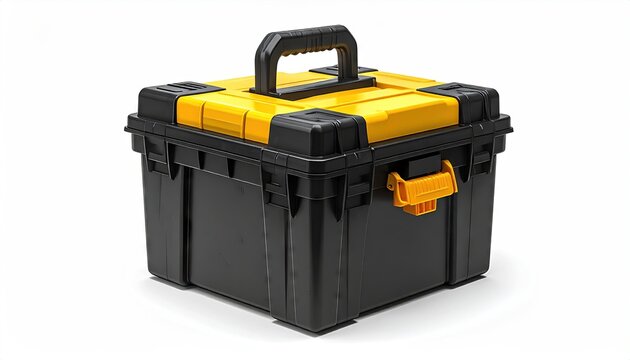 Tool Box, Closed, Sitting on White Surface, Studio Shot, Side View, Handle Visible, Yellow Top