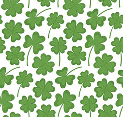 Seamless background of green clover leaves. St. Patrick&rsquo;s Day pattern with lucky symbol