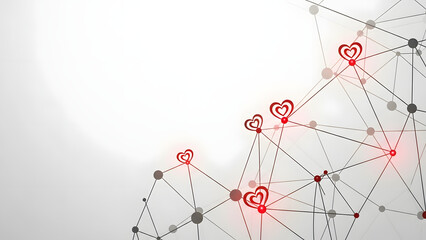 Abstract network with heart symbols on white background