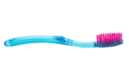 Blue toothbrush with pink bristles isolated PNG, oral hygiene product for dental care and personal health on transparent background