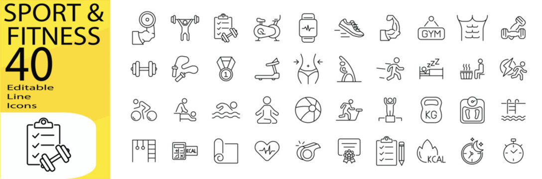 Sport & Fitness icon set. Editable stroke.