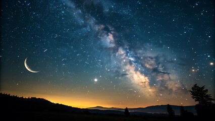 A crescent moon and the milky way visible in a dark night sky over mountains