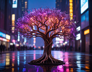 Illuminated cherry blossom tree installation urban street night photography vibrant colors perspective view artistic concept