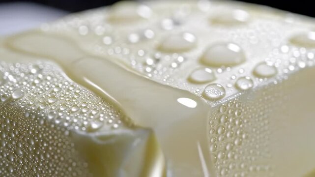 Hyper-detailed macro view of condensation forming tiny water droplets that run down the cold, chilled surface of a pure white butter block studio, cooling, ingredient