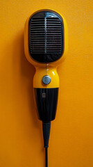 Fototapeta premium Retro-inspired yellow and black electric personal heater or fan with classic metal grille and simple button design, presented vertically against vibrant textured orange wall, showcasing blend of vinta