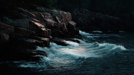Rocky coastline at dusk with waves illuminated by twilight, majestic ocean scenery