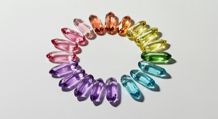 Obraz premium Overhead radial circle of colorful gemstones on white with sparkling luxury light