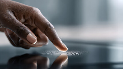 Fingerprint authentication on a digital touchscreen for data security. A finger touches a digital screen, activating a fingerprint scanner for data protection and secure access.