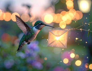 Hummingbird delivering love letter garden nature photography bokeh background close-up enchantment