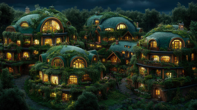 Enchanted Forest Village at Twilight: Cozy Hobbit-Inspired Homes with Glowing Windows and Lush Green Roofs Nestled Amidst Verdant Foliage