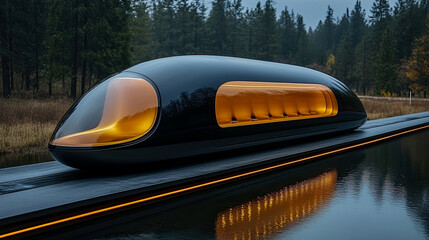 Obraz premium Visionary Transport: Glistening Black Aerodynamic Capsule, Emitting Warm Amber Light, Navigates Futuristic Track Beside Calm Waters and Dense Forest