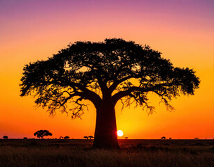 Sunset over baobab tree in african savannah nature scene serene landscape vibrant colors wide angle view