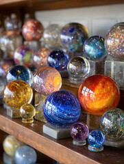 Shelf of colorful glass spheres each holding a unique galaxy with vivid celestial displays inside