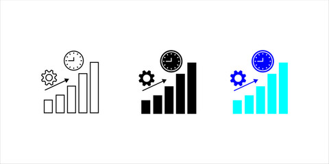 Obraz premium Line icon illustration of an increasing bar chart with a clock, symbolizing business performance growth, time-based analytics, and financial progress.