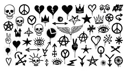 Obraz premium Urban Graffiti Symbols Vector Illustration Sheet in Black Ink Grunge Punk Street Art Style