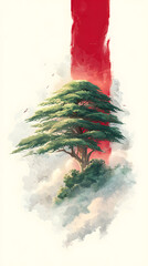 Symbolic artistic reinterpretation of the lebanese flag with painted skies mist and cedar