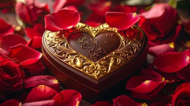 Elegant heart-shaped chocolate box surrounded by vibrant red rose petals, perfect for Valentine's Day.