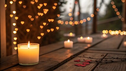 A cozy evening scene with a lit candle in a glass jar on a rustic wooden table, surrounded by heart shaped bokeh lights and scattered red petals