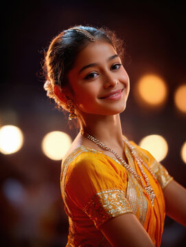 indian teenage girl dressed in bharatnatyam costume