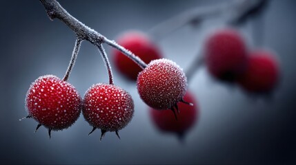 Red berries covered in frost glistening on a thorny branch during winter, a close-up view of nature's delicate beauty.
