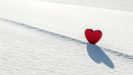 A single vibrant red heart shaped object standing upright in fresh, sparkling white snow with a long distinct shadow stretching to the left