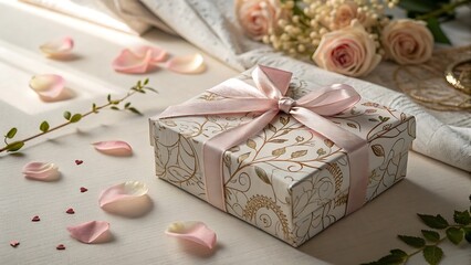 Gift box with pink ribbon on table with rose petals and flowers