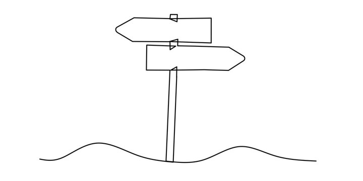 One Continuous line drawing of Road direction signpost arrows to the right and left and plate. Pointer symbol in simple liner style. Vector illustration
