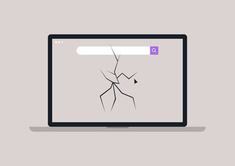 A cracked screen laptop displays web search bar, symbolizing broken technology and the need for repair, drawing attention to digital challenges faced daily by users
