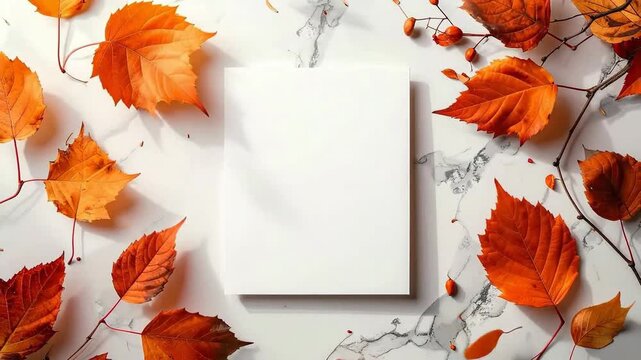 Autumn leaves frame a blank white card on a marble background, perfect for seasonal greetings.