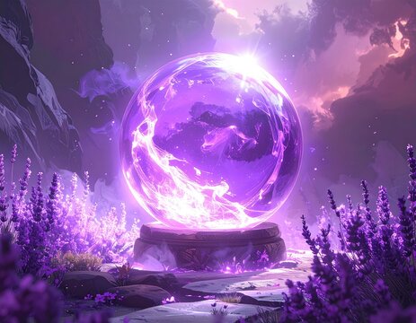 A glowing orb pulses with arcane energy in a mystical lavender field.