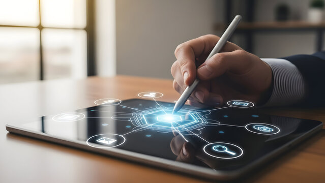 Businessman interacting with futuristic digital interface on tablet - Powered by Adobe