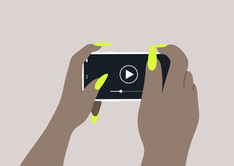 In a lively atmosphere, a pair of hands grasps a mobile phone horizontally, showcasing bright neon colored stiletto nails as they engage, capturing and sharing joyful experiences in harmony.