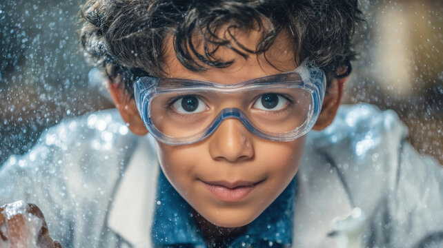 indian little scientist child a curious with goggles